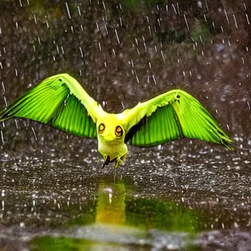 Image similar to gollum - faced bird flying in rain