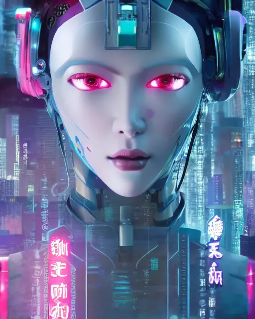 Prompt: a portrait of a beautiful cyberpunk geisha robot, ghost in the shell geisha robot, by wlop, by rossdraws, by dylan kowalski, motherboard, circuitry, wires, neon lights, micro detail, octane render, sci - fi, intricate, 8 k, cgsociety