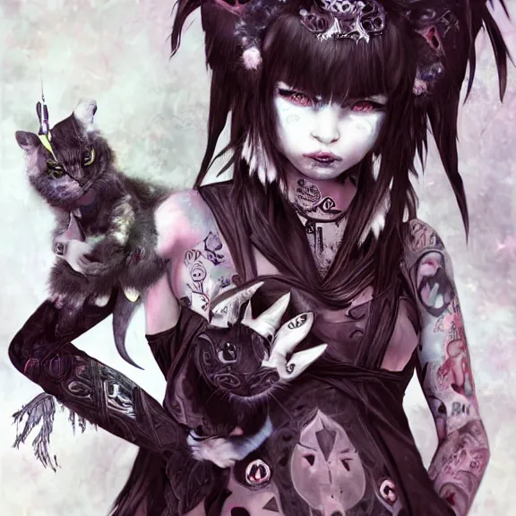 Prompt: emo boy/girl with cat ears and tail and covered in tribal body paint, fantasy artwork, award winning, hyper detailed, very beautiful, studio lighting, artstation | glitchcore yokai, shadowverse character concept, found footage horror