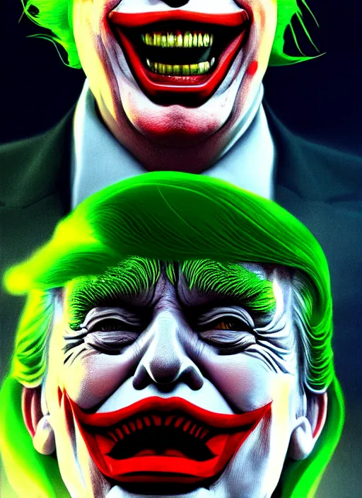 Image similar to portrait of donald trump as the joker, green hair, intricate, elegant, glowing lights, highly detailed, digital painting, artstation, concept art, sharp focus, illustration, art by wlop, mars ravelo and greg rutkowski