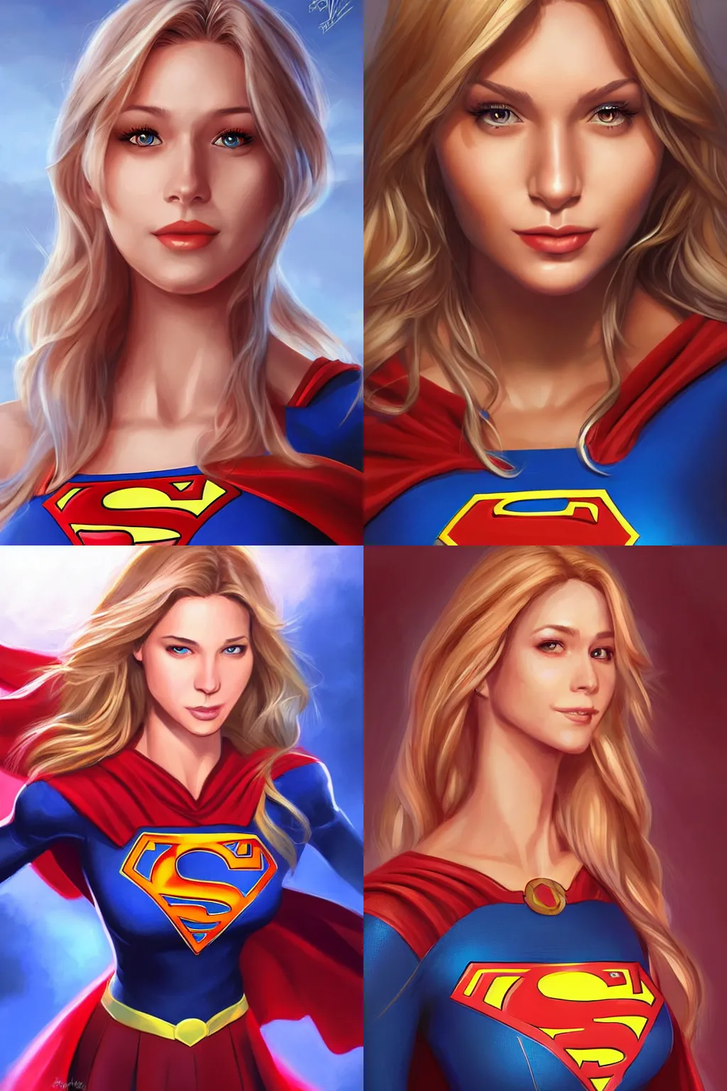 Prompt: a supergirl portrait, smooth, detailed, at dawn, painting by Artgerm from Artstation