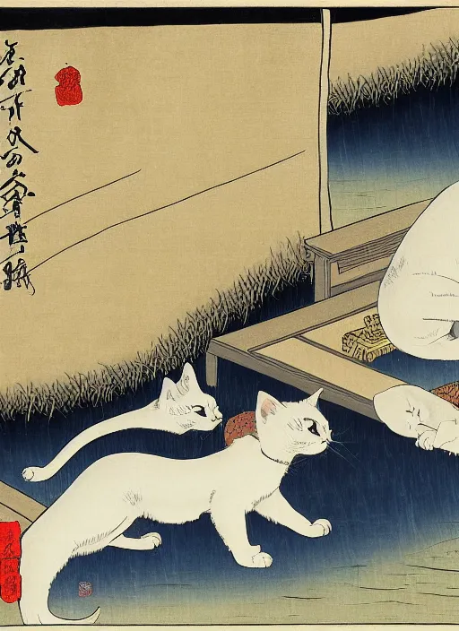 Image similar to whitecat with 2 baby white cats of utagawa hiroshige, digital painting 4 k uhd image, highly detailed