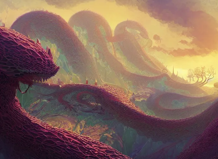 Image similar to psychedelic concept art of a dragon landscape made of thousands of spiraling dragons, cel shaded, in the style of makoto shinkai and moebius and peter mohrbacher and anton fadeev