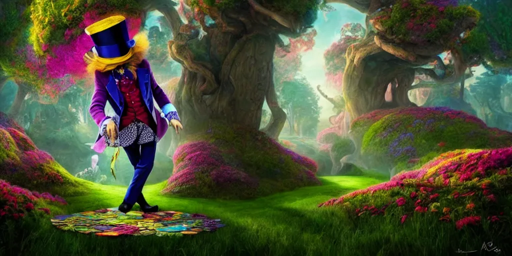 Image similar to The Mad Hatter landscape portrait, Alice in wonderland, colorful, wide angle, super highly detailed, professional digital painting, artstation, concept art, smooth, sharp focus, no blur, no dof, extreme illustration, Unreal Engine 5, Photorealism, HD quality, 8k resolution, cinema 4d, 3D, beautiful, cinematic, art by artgerm and greg rutkowski and alphonse mucha and loish and WLOP