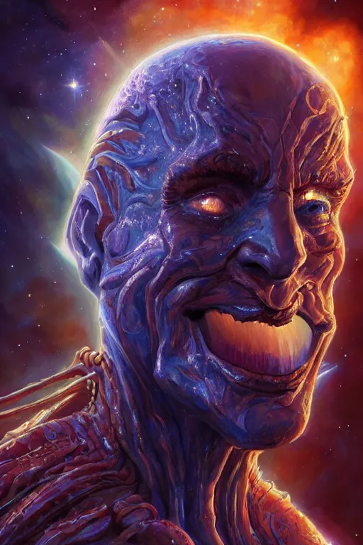 Prompt: beautiful oil painting with high detail of a wise Space ent(smirking) made of stars and plasma, hybrid from dungeons and dragons and art direction by James Cameron ;by artgerm; wayne reynolds art station; cinematic quality character render; ((low angle)); ultra high quality model; production quality cinema model