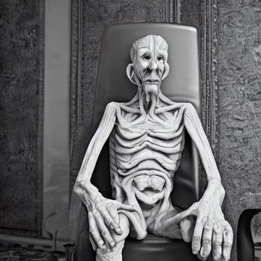 Image similar to an old pale man sitting upon a throne, lovecraftian, low angle,