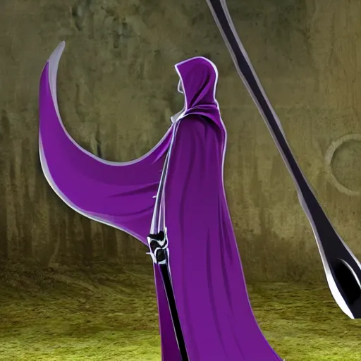 Image similar to grim reaper, purple cloak, full body, scythe