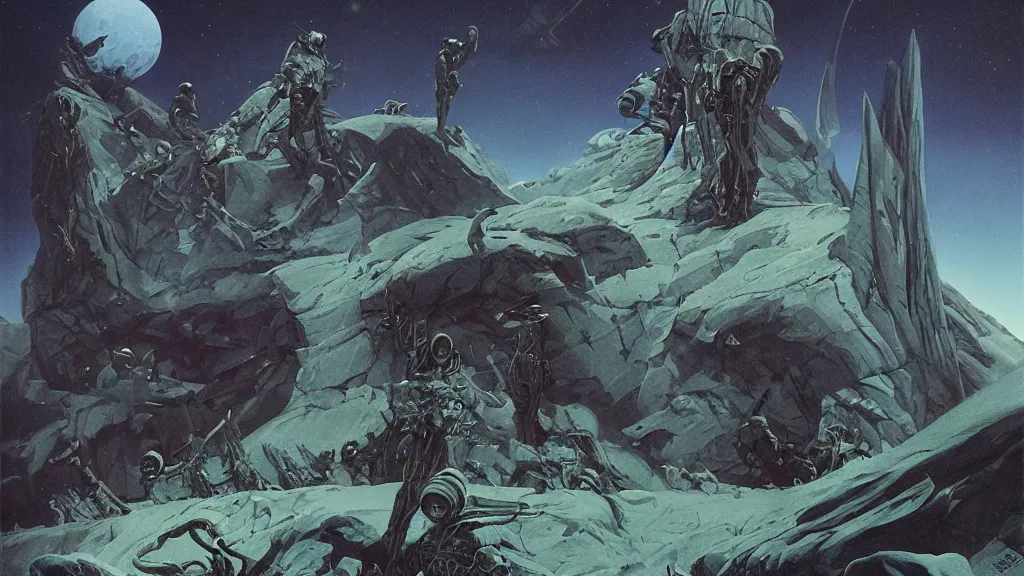 Image similar to explorers on an eerie atmospheric evolving alien planet by gerald brom and vincent di fate, epic cinematic matte painting