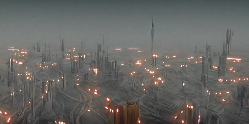 Image similar to cinematic shot of a city in the moon's hollow, russian orbit city cityscape, telephoto, iconic scene from the paranoid thriller sci fi film directed by stanley kubrick, anamorphic cinematography, beautiful composition, color theory, leading lines, photorealistic, moody volumetric lighting