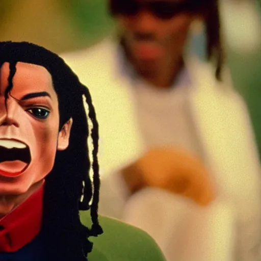 Image similar to a 1980s film still of Michael Jackson dressed as Snoop Dogg, 40mm lens, shallow depth of field, split lighting