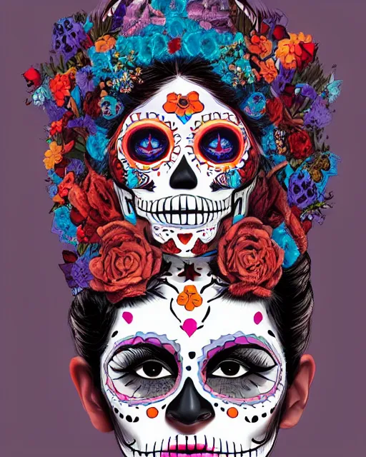 Image similar to dia de los muertos theme poster art by artemio rodriguez, aida muluneh, and gustave bauman, intricate, accurate facial details, profile picture, artgerm, retro, nostalgic, old fashioned, posterized color