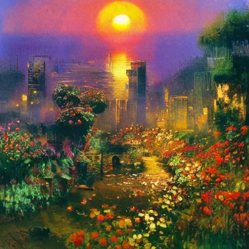 Image similar to a very beautiful eco - friendly environmental future city cityscape, lots of plants and flowers, sunrise, style of olidon redon