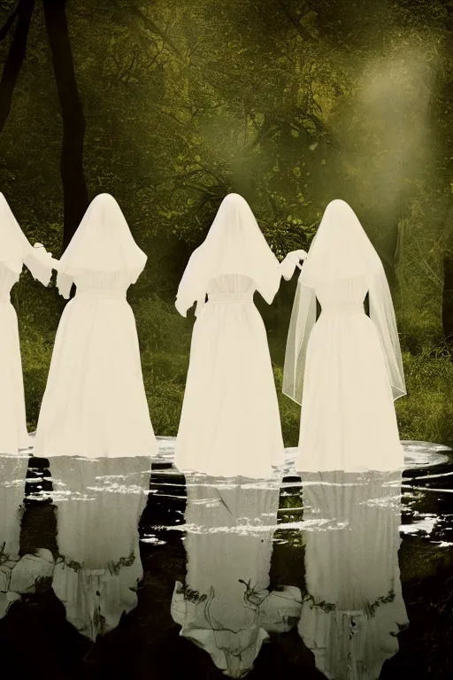 Prompt: 4 ghostly brides standing in a pond, cinematic, horror, photorealistic, vintage, unsettling