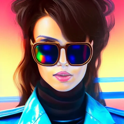 Prompt: closeup painting of a very beautiful young mexican cyberpunk woman with a smirk, wearing light blue shutter shades and a dark brown leather jacket, one side haircut, brown hair, portrait, hyperdetailed, artstation, cgsociety, 8 k, synthwave by tangerine dream