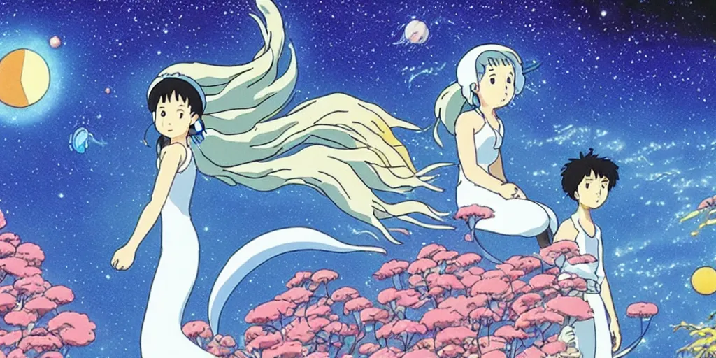 Image similar to studio ghibli animation about a space mermaid film