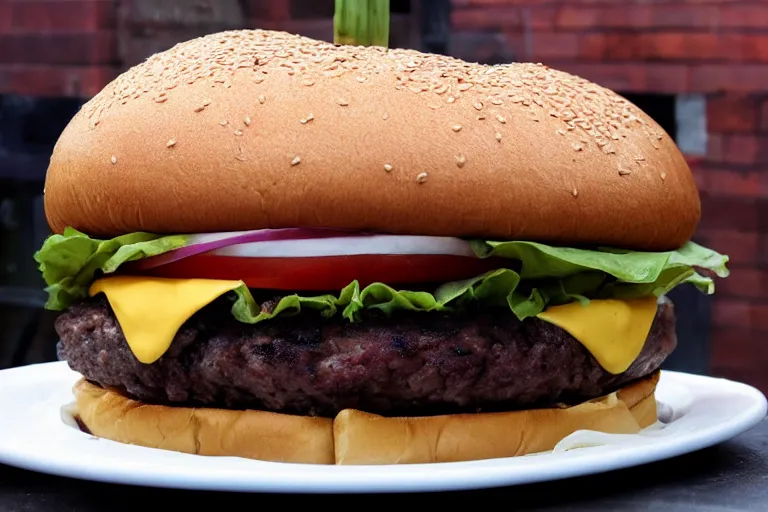 Prompt: 1 0 lb burger that needs a fork