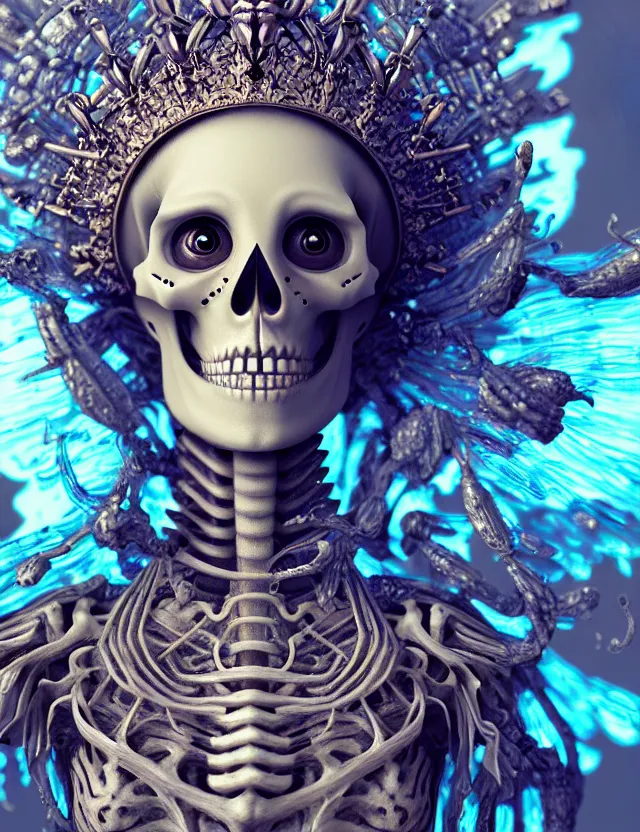 Image similar to 3 d goddess skeleton macro close - up portrait with crown made of ram skull. betta fish, jellyfish phoenix, bioluminiscent fire, plasma, ice, water, wind, creature, super intricate ornaments artwork by tooth wu and wlop and beeple and greg rutkowski