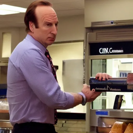 Image similar to gene ( bob odenkirk ) working at cinnabon, better call saul