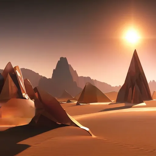 Image similar to huge angular vertical complex translucent crystals in the desert, reflection from the crystal is sparkling due to sun, small retro starship in the sky, futuristic hi-tech details, art by anthony macbain + greg rutkowski + alphonse mucha, concept art, 4k, sharp focus, cinematic render unreal engine