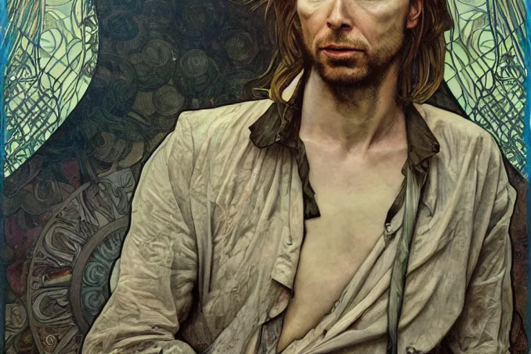 Image similar to hyper realistic portrait of ( thom ) yorke singer songwriter, side, liminal space, by lee bermejo, alphonse mucha and greg rutkowski