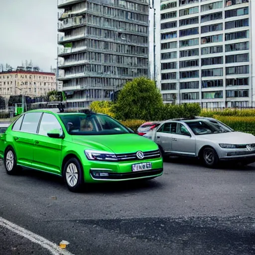 Prompt: green volkswagen passat parked in warsaw, few rubbish bins visible and a base of post - communist apartment complex in the background, the year is 2 0 2 2, award winning photo