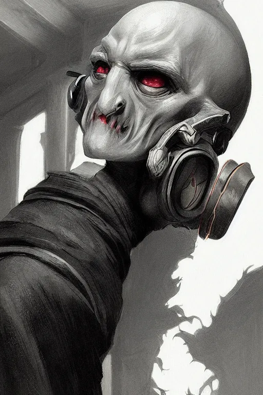 Image similar to stylish nosferatu with a gaming headset looking at his monitor d & d, fantasy, portrait, highly detailed, headshot, digital painting, trending on artstation, concept art, sharp focus, illustration, art by artgerm and greg rutkowski and magali villeneuve