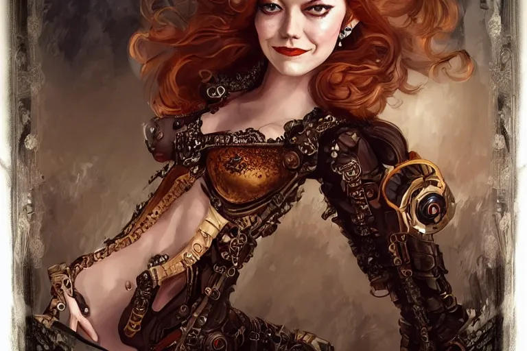 Image similar to three-quarters pose portrait of Emma Stone as a beautiful Lady Mechanika, very beautiful young woman, ginger wavy hair, Victorian-era push-up underwire. Intricate, steampunk imagery themed, D&D!, fantasy style, sharp focus!, ultra detailed, art by Artgerm and Peter Andrew Jones