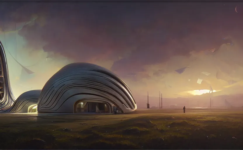 Image similar to exterior shot of utopian architecture laboratory with cinematic lighting by zaha hadid and renzo piano, darek zabrocki and greg ruthkowski, alphonse mucha, simon stalenhag, cinematic, scifi, futurism, atmospheric, sunset, concept art, artstation, trending on artstation