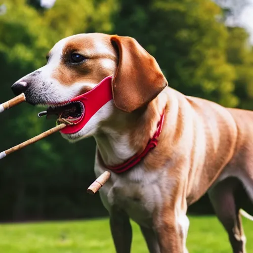 Image similar to a photo of a dog in a park with a small cigar in his mouth