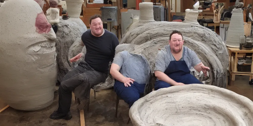 Prompt: johnny vegas sitting making a very large clay teapot, art school, studio, wet clay, ceramics, photorealistic