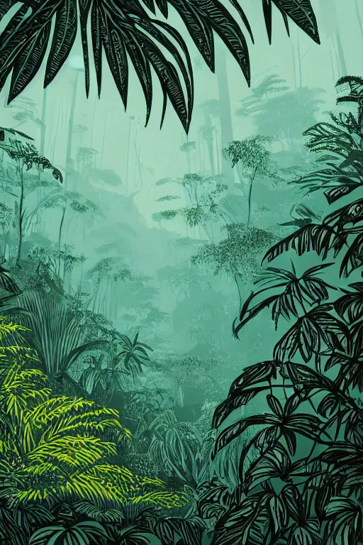 Prompt: a beautiful linocut print of a lush jungle, 8 k, frostbite 3 engine, cryengine, dof, trending on artstation, digital art, crepuscular ray, by grabado mexico