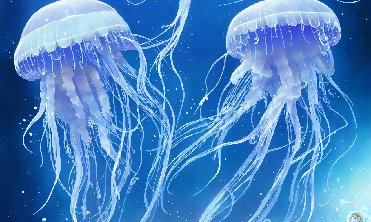 Image similar to detailed jellyfish in space, blue tones, underwater, full frame, highly detailed, digital painting, artstation, concept art, smooth, sharp focus, illustration, art greg rutkowski and alphonse mucha
