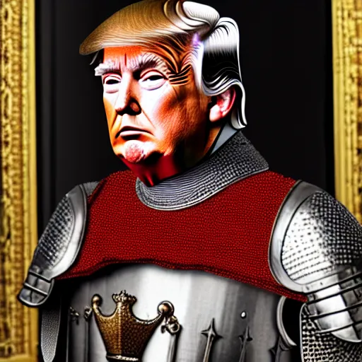 Image similar to full - body - front - shot, donald trump wearing knight'armor, crown, renaissance painting of a knight, detailed face