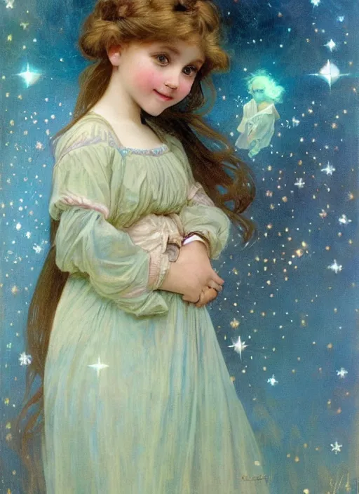 Image similar to a cute little girl with a round cherubic face, blue eyes, and short wavy light brown hair smiles as she floats in space with stars all around her. she is wearing a turquoise dress. beautiful painting with highly detailed face by alphonse mucha and artgerm and greg rutkowski