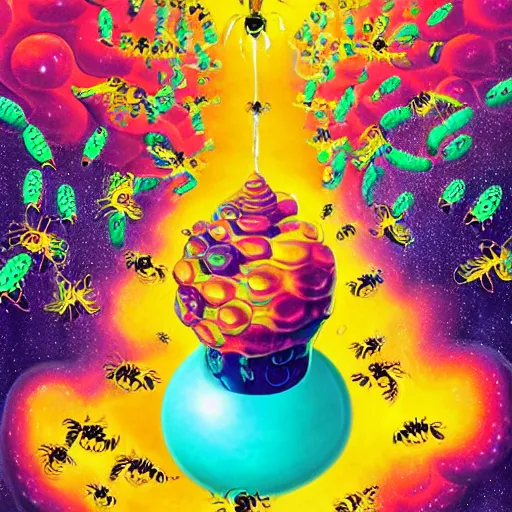 Image similar to jelly rococo gel beehive leaking plasma and colorful auras, liquid, drippy, splashing, scifi 3 d paint spray by beeple, rob gonsalves, jeff koons, jacek yerka, m. c. escher. bees