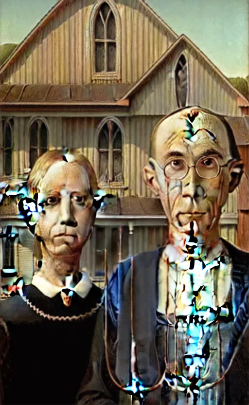 Image similar to American gothic by grant wood in the style of Leonardo da Vinci, renaissance art, high resolution scan