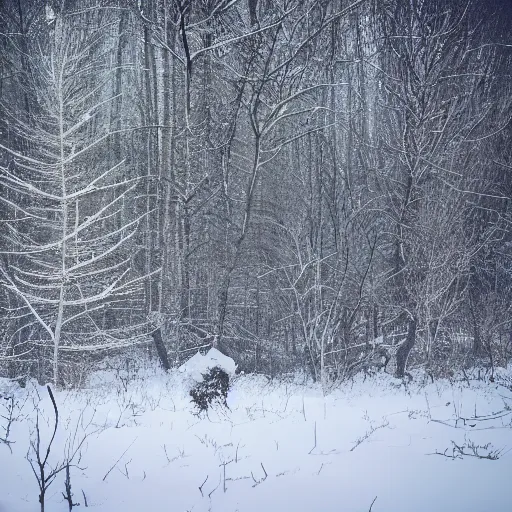 Prompt: a photograph of scp - 4 6 6 6 standing in a snowy forest on the outskirts of a town, hyper realistic, highly detailed n - 9