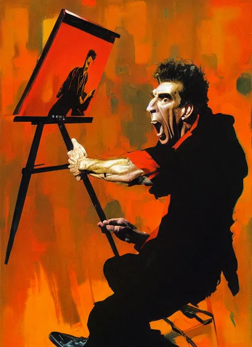 Prompt: 'kramer!! michael richards holding microphone screaming, pointing, enraged, painting by phil hale, 'action lines'!!!, graphic style, visible brushstrokes, motion blur, blurry