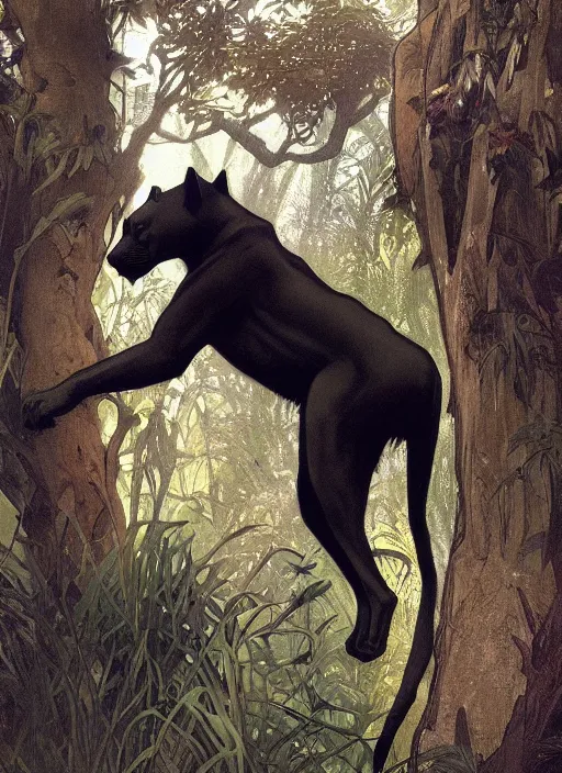 Image similar to animal concept of a black panther melanistic deep black leopard walking on a lush intricate tree, accurately portrayed, portrait art by alphonse mucha and greg rutkowski, highly detailed, digital painting, concept art, illustration, dim lighting with twilight rays of sunlight, trending on artstation, very detailed, smooth, sharp focus, octane render, close up