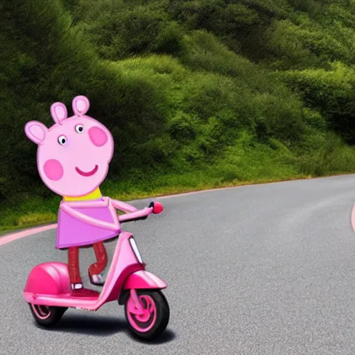 Prompt: peppa pig riding a scooter on a mountain