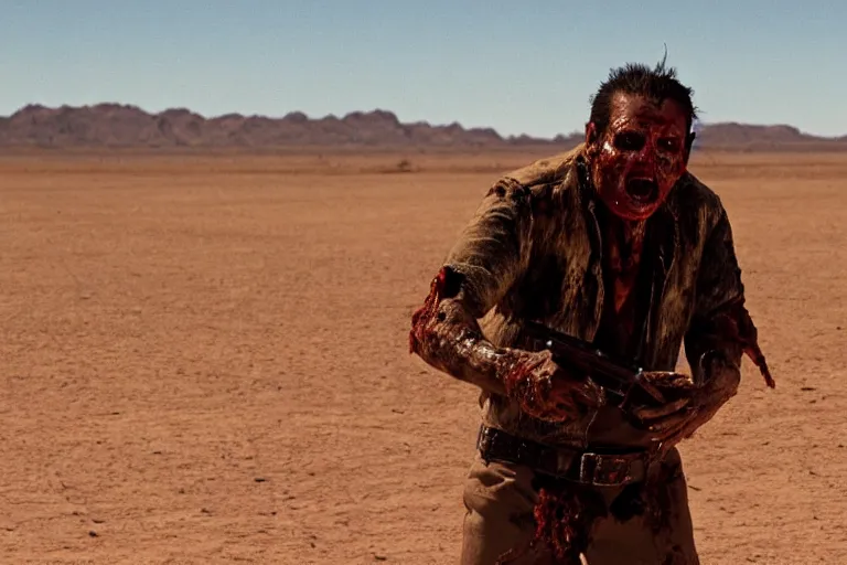 Image similar to zombie Tuco Salamanca in the desert, upper body shot, movie still, photorealistic, clean composition, real shot