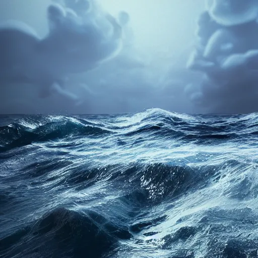 Prompt: large ocean waves, realistic, octane render, volumetric lighting, render, cinematic, dramatic, night