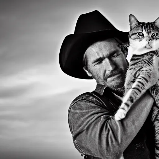 Prompt: close - up photograph of a cowboy holding a cat, black and white, detailed, 8 k, grain, dramatic backlighting