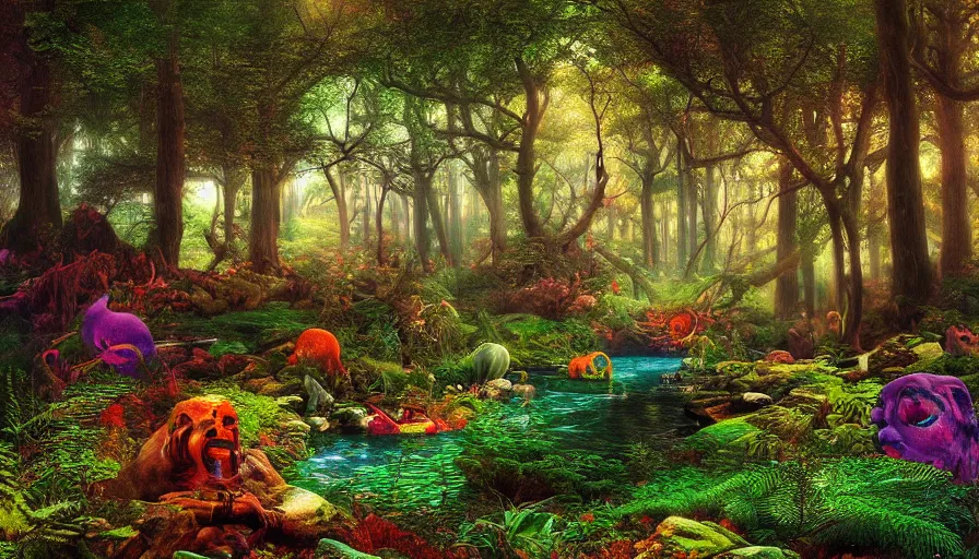 Prompt: landscape psychodelic dmt lsd forest, photorealistic, artgerm, artwork by Bierstadt, Albert