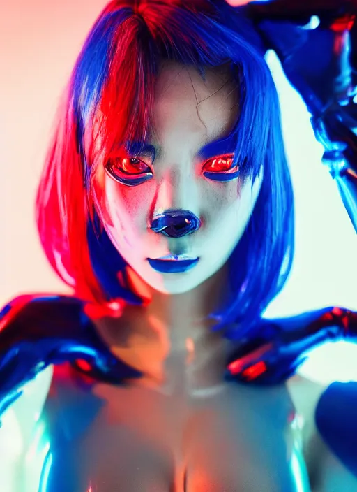 Prompt: a close-up risograph long shot of cyberpunk japanese model girl with black eyes and visible face wearing latex catsuit and lots of transparent and cellophane accessories, blue hour, twilight, cool, portrait, soft red lights, Kodachrome, ISO1200,