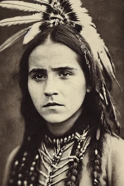 Image similar to “Photo of Native American indian woman Emma Watson, portrait, skilled warrior of the Chiricahua Apache, Lozen was the sister of Victorio a prominent Chief, showing pain and sadness on her face, ancient, realistic, detailed, emma watson”