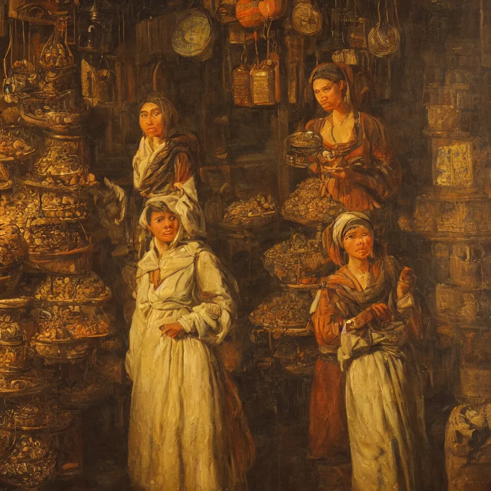 Prompt: young woman standing in a spice market at night byjohann mongels culverhouse, oil on canvas, masterful intricate artwork, excellent lighting, high detail 8 k