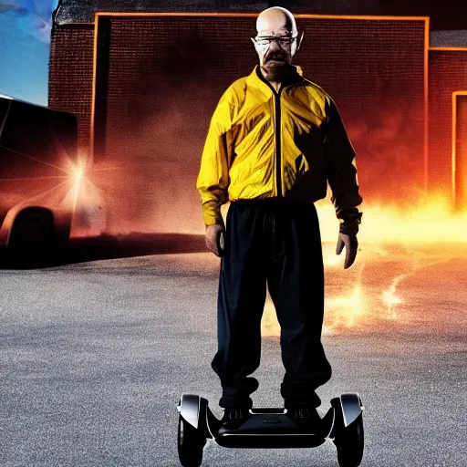 Image similar to Walter White from Breaking Bad (2008) standing on a hoverboard with an exploding building behind him, HDR, 8k,