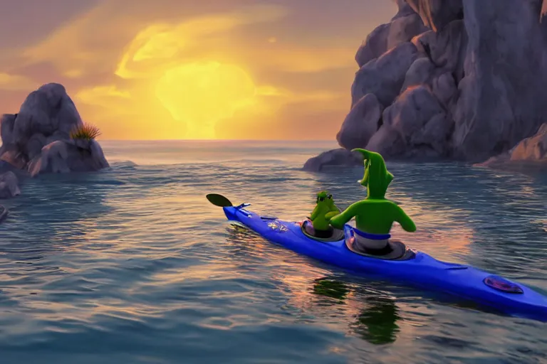 Prompt: a photo of shrek and sonic kayaking in the ocean during a beautiful sunset, photorealistic, hd, 8 k