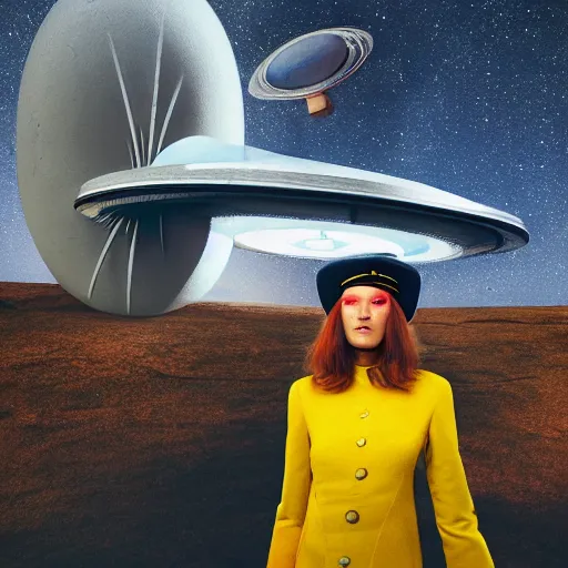 Image similar to a portrait of a beautiful woman standing by a space ship by tim walker, long hair, aged 2 5, swedish, wearing a travel hat, photo realistic, real life, photograph, 3 5 mm, octane render, trending on artstation